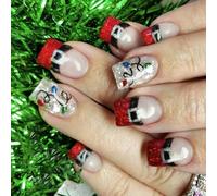 24x/Box Short Square Artificial Nails Christmas Press On Full Covers Stick On French Tip False