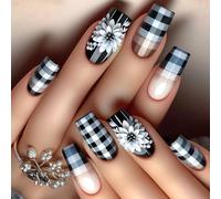 24x Checkerboard Stick On Nails French False Nails Mediums Square Press On White Flowers Artificial Acrylic