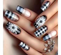 24x Checkerboard Stick On Nails French False Nails Mediums Square Press On White Flowers Artificial Acrylic