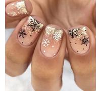 24x Christmas Artificial Nails Glittering Full Covers Stick On Short Square False Snowflake Press On