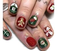 24x Christmas Artificial Nails Short Round False Snowman Full Covers Stick On Press On
