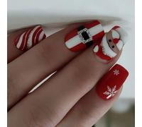 24x Christmas False Nails Stripes Press On Nails Cartoon Santa Artificial Nails Square Full Covers Stick On Nails