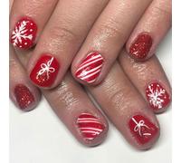 24x Christmas False Nails Stripes Press On Nails Short Square Full Covers Stick On Nails White Snowflake Acrylic Nails