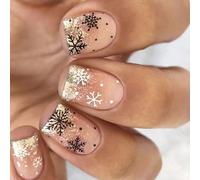 24x Christmas Press On Nails Short Square False Snowflake Full Covers Stick On Glittering Artificial