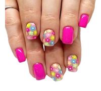 24x Colorful Flowers Full Covers False Nails Solid Color Press On Short Square Stick On Glossy Acrylic