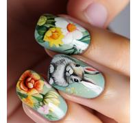 24x Easter Rabbits Full Covers False Nails Short Square Press on Flowers Stick on Green Acrylic