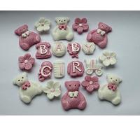 24x Edible Baby Shower Cupcake Toppers Baby Girl Cake Decorations Sugar Bears Flowers Birthday Party Christening