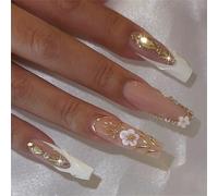 24x Flowers False Nails French Tip Press On Long Coffin Stick On Glittering Acrylic With Rhinestones