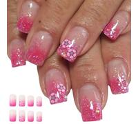 24x Flowers Full Covers False Nails Press On Nails Glittering Sequins Artificial Mediums Square Stick On