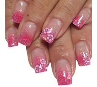 24x Flowers Full Covers False Nails Press On Nails Glittering Sequins Artificial Nails Mediums Square Stick On Nails