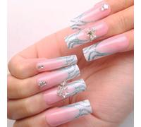 24x French Tip Full Covers False Nails Acrylic Nails With Rhinestones Star Press On Ballerinas Stick On