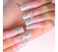 24x French Tip Full Covers False Nails Acrylic With Rhinestones Star Press On Ballerinas Stick On