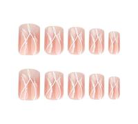 24x French Tip Full Covers False Nails Wavy Lines Press On Short Square Stick On Acrylic For Daily