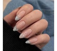 24x French Tip Press On Nails Almond Shape Artificial Snowflake Stick On Christmas Full Covers False