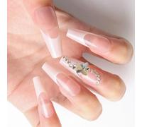 24x French Tip Press On Nails Ballerinas False Nails Butterfly Acrylic Nails Full Covers Stick On Nails With Rhinestones