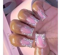 24x French Tip Press On Nails Rhinestones False Nails Square Acrylic Elegant Full Covers Stick On For Woman