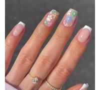 24x French Tip Press On Nails Short Square False Colorful Flowers Acrylic Glossy Full Covers Stick On