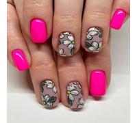24x Full Covers False Nails with Flower Designs Short Square Press on Glossy Stick on Acrylic