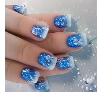 24x Glittering Artificial Nails Snowflake False Christmas Full Covers Stick On Short Square Press On Snowflake Full Cover Stick On Christmas False Short Press On