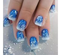 24x Glittering Artificial Nails Snowflake False Christmas Full Covers Stick On Short Square Press Snowflake Full Cover Stick Christmas False Short Press