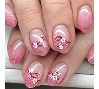 24x Glittering Full Covers Stick On Nails Peach Blossoms Press On Nails Simple Artificial Nails Short Round False Nails