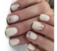 24x Glittering Press On Nails French Tips False Solid Color Full Covers Stick On Short Square Acrylic