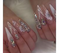 24x Glittering Rhinestones Artificial Nails Long Full Covers False Nails Stilettos Stick On Flowers Press On