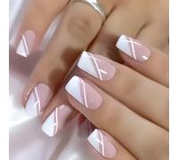 24x Glossy False Nails Pinks White Acrylic Nails Simple Press On Nails Lines Full Covers Stick On Nails For Women Girl