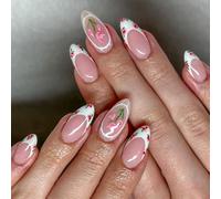 24x Glossy Full Covers False Nails Almond Shape Press On Nails Elegant Flowers Stick On French Tip Acrylic