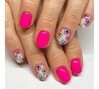24x Glossy Full Covers False Nails Short Square Press On Colorful Flowers Stick On Solid Color Acrylic