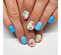24x Glossy Full Covers False Nails Short Square Press On Colorful Flowers Stick On Solid Color Acrylic