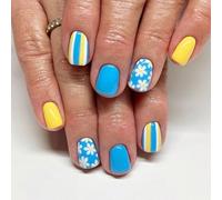 24x Glossy Full Covers False Nails Short Square Press On Nails Lovely Flowers Stick On Solid Color Acrylic