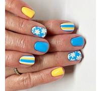 24x Glossy Full Covers False Nails Short Square Press On Nails Lovely Flowers Stick On Solid Color Acrylic