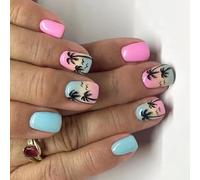 24x Glossy Full Covers Stick on Nails Coconuts Tree Press on Gradients Artificial Short Square False