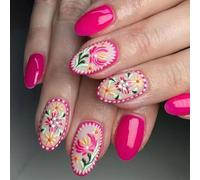 24x Glossy Full Covers Stick On Nails Flowers Press On Lovely Floral Artificial Short Oval False