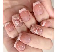 24x Glossy Full Covers Stick On Nails Flowers Press On Nails French Tip Artificial Short Square False