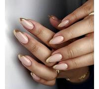 24x Glossy Full Covers Stick on Nails Press on Gold French Tip Artificial Almond Shape False