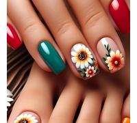 24x Glossy Full Covers Stick On Nails Sunflowers Press On Simple Artificial Mediums Square False