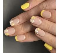 24x Glossy Press On Nails Yellow French Tips False Flowers Full Covers Stick On Short Square Acrylic