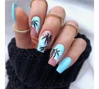 24x Gradient Artificial Nails Long Full Covers False Nails Glossy Stick On Coconut Tree Press On For Woman