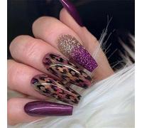 24x Gradients Leopards Press On Nails Long Coffin Stick On Nails Glittering Full Covers False Nails Trendy Acrylic Nails