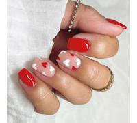 24x Heart Full Covers Stick On Nails Valentines Day False Press On Short Square Artificial For Women