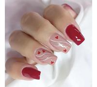 24x Heart Lines Full Covers Stick On Nails Valentines Day False Press On Square Artificial For Party