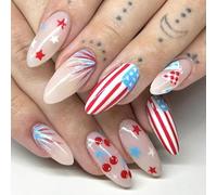 24x Independence Day Artificial Nails Medium Almond Full Cover Fake Independence Day Press-On Stick On