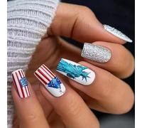 24x Independence Day False Nails Artificial 4th of July Full Covers Stick on Mediuim Square Press on