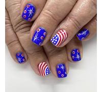 24x Independence Day False Nails Artificial 4th of July Full Covers Stick on Short Square Press on