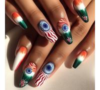 24x Independence Day False Nails Ballerinas Press On Glossy Acrylic Stripe Full Covers Stick On