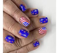 24x Independence Day False Nails Short Square Press On Stripe Acrylic 4th Of July Full Covers Stick On