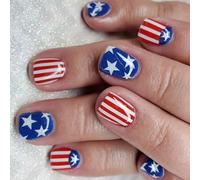 24x Independence Day False Nails Short Square Press On Stripe Acrylic 4th Of July Full Covers Stick On