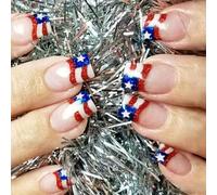 24x Independence Day Press On Nails French Tips False 4th Of July False Stripes Full Covers Acrylic